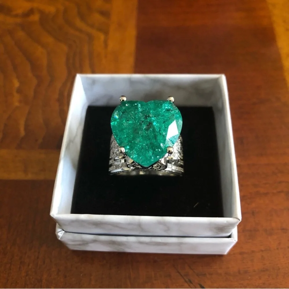 Ladies elegant large paraiba tourmaline emerald heart stone 925 ring 9 NIB